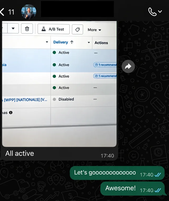 Customer WhatsApp conversation sharing an ads dashboard and celebrating active campaigns