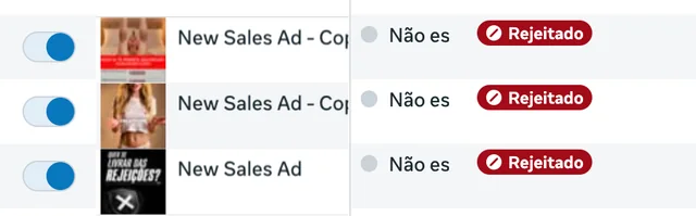 Ad manager screenshot showing rejected ads
